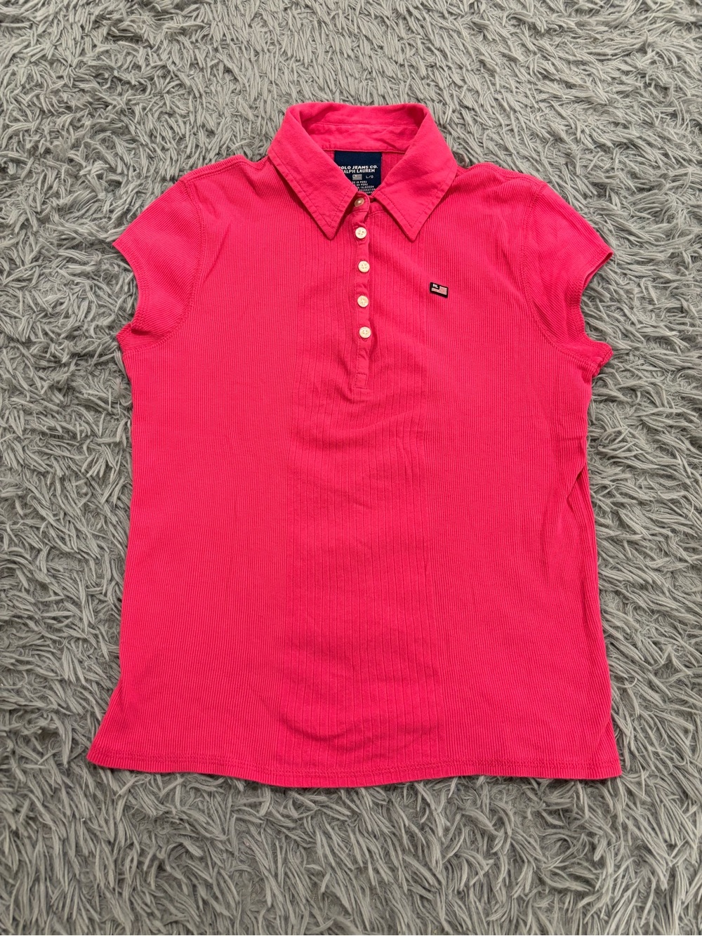 Polo Jean Ralph Lauren Women's Pink Polo Shirt Large Preppy Y2K Vintage Ribbed
